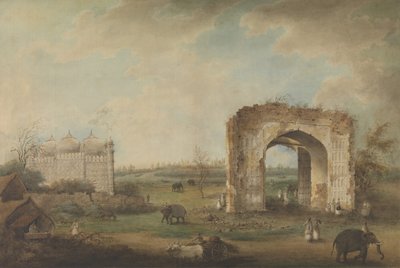 Vista de una mezquita y puerta en Motijhil, ca. 1814-23 de Sita Ram.
