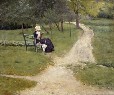 Mujer leyendo en un banco (óleo sobre lienzo) de Sofie Thomesen Werenskiold
