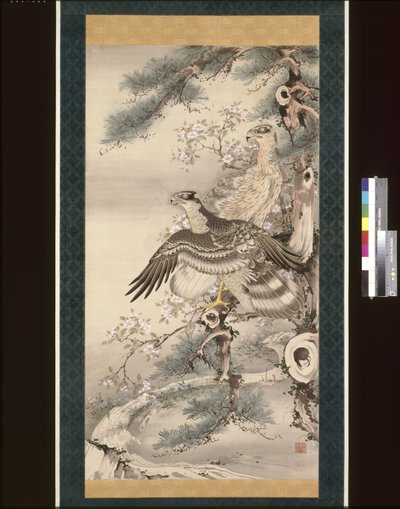 Pareja de halcones con rama y flores (tinta, color y oro sobre seda) de Soga Shohaku