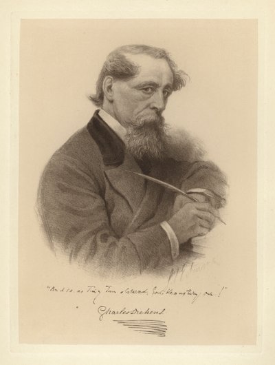 Retrato de Charles Dickens sosteniendo su pluma (foto en blanco y negro) de Solomon (after) Eytinge