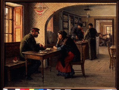 Una petición. En un café, una mujer habla con un soldado del Ejército Rojo que le rellena un formulario. Detrás de ellos, el bullicio ordinario de una cafetería. Pintura de Solomon Yakovlevich Kishinevsky (Kishinevsky) (1863-1941), óleo de Solomon Yakovlevich Kishinevsky