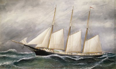 La goleta "Robert Ingle Carter", a toda vela, botada en 1891 en Boston (Massachusetts, EE.UU.), para un comerciante de carbón de Newport (Rhode Island, EE.UU.). de Solon Francis Montecello Badger