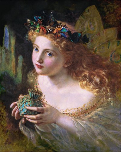 Coge el bello rostro de una mujer y suspéndelo suavemente, con mariposas, flores y joyas, para que tu hada esté hecha de las cosas más bellas. de Sophie Gengembre Anderson