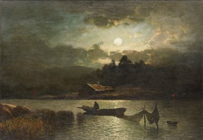 Pesca con redes a la luz de la luna (óleo sobre lienzo) de Sophus Jacobsen