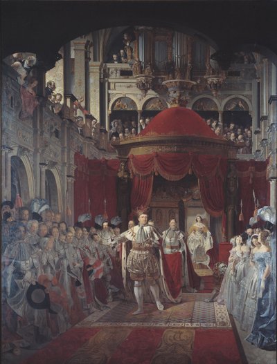 Unción de Christian VIII y Caroline Amalie en la Iglesia del Castillo de Frederiksborg el 28 de junio de 1840 de Sophus Schack