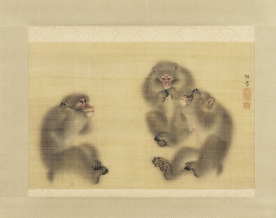 Monos: Hear No Evil, See No Evil, Speak No Evil, c.1820 (tinta y color sobre seda) de Sosetsu Mori