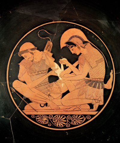 Interior de una kylix de figura roja ática que representa a Aquiles atendiendo a Patrocles herido, de Vulci, c.500 a.C. (cerámica) de Sosias Painter