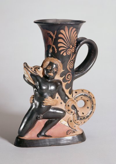Rhyton en forma de cuerno de figura roja que representa un cocodrilo atacando a un nubio, griego, c.350 a.C. de Sotades