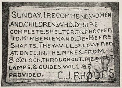 Cartel erigido por el Sr. Rhodes, fotografía atribuida a F.H. Hancox, Kimberley de South African Photographer