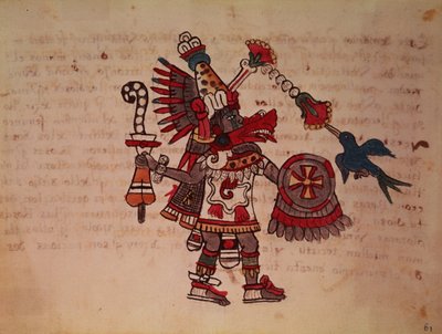 Quetzalcoatl, la serpiente emplumada, dios del viento, del aprendizaje y del sacerdocio, maestro de la vida, creador y civilizador, patrón de todas las artes e inventor de la metalurgia (vitela) de South American School