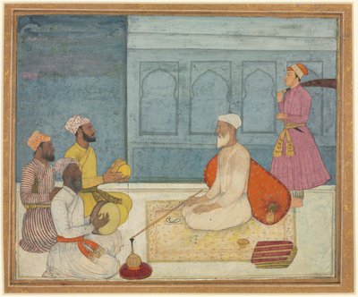 Sultán y músicos, c. 1650 (acuarela opaca y oro sobre papel) de South Indian School