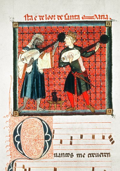 124-0633321/1 Un moro y un cristiano tocando el laúd, miniatura en un libro de música de las "Cantigas" de Alfonso X "el Sabio" (1221-84) (vitela) de Spanish School