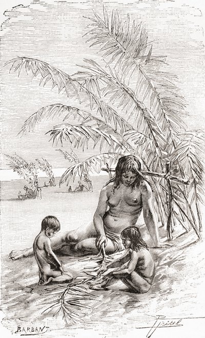Una familia de nativos Sápara en un banco de arena junto al río Napo, Ecuador de Spanish School