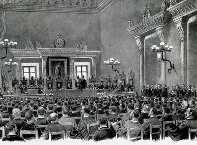Una reunión de nacionalistas catalanes reunidos en el Ayuntamiento de Manresa, para la redacción de las 16 bases para servir la constitución regional catalana en 1892. Dibujo de Jaume Pahissa. de Spanish School