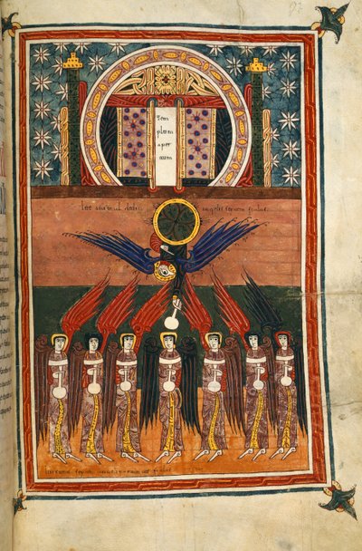 Agregar. 11695, f.172 Del santuario salen los siete ángeles de la plaga portando copas. Desde el Apocalipsis de Silos de Spanish School