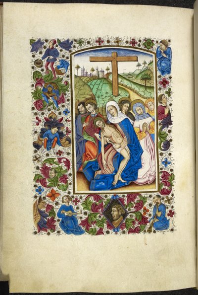Añadir MS 50004 f.70v La Virgen María sosteniendo el cuerpo de Cristo, con dos discípulos y mujeres a su lado, de un 