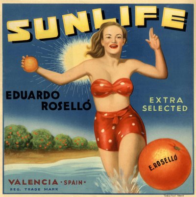 Publicidad de naranjas, imagen de una mujer en traje de baño. Cartel publicitario, Valencia de Spanish School