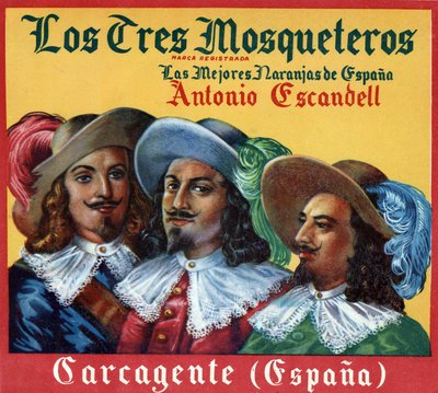Imagen publicitaria, "Los Tres Mosqueteros, las mejores naranjas de España". Cartel publicitario de Spanish School
