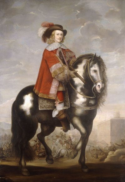 Retrato ecuestre del Cardenal Infante Fernando de Borbón, Gobernador de los Países Bajos Españoles, de cuerpo entero con un abrigo rojo y sombrero con plumas, una batalla al fondo, c.1685 de Spanish School