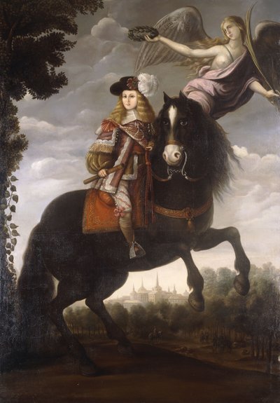 Retrato ecuestre del Rey Carlos II, de cuerpo entero, con un abrigo rojo con ribetes blancos siendo coronado con un laurel por un ángel, Madrid a lo lejos, c.1685 de Spanish School