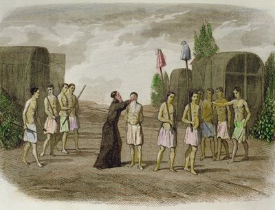 Un esclavo indígena de la tribu Tupinamba es bautizado por un sacerdote jesuita, cerca de Bahía, en 1550. de Spanish School