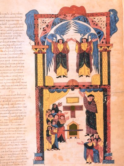 Ángeles y David con el Arca de la Alianza ante el Templo de Salomón, fol.139r., de la Biblia visigoda-mozárabe de San Isidoro, A.D. 960 de Spanish School