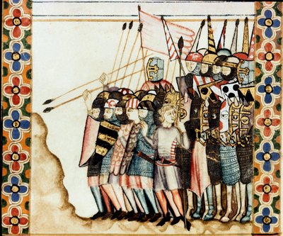 Ejército de los cruzados. Detalle de una página tomada de un manuscrito de la Canción de Santa María (Cantigas de Santa María), decorando miniaturas dedicadas a Santa María y sus milagros, una colección de canciones redactadas bajo el reinado de Alfonso X  de Spanish School