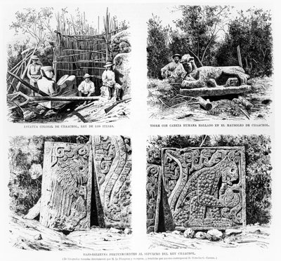 Artefactos descubiertos en Chichen Itza por Augustus Le Plongeon, ilustración de La Illustracion Española y Americana 1877 de Spanish School
