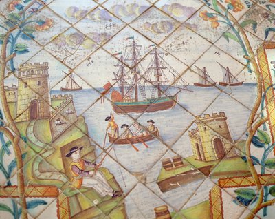 Azulejos que representan un puerto con barcos de Spanish School