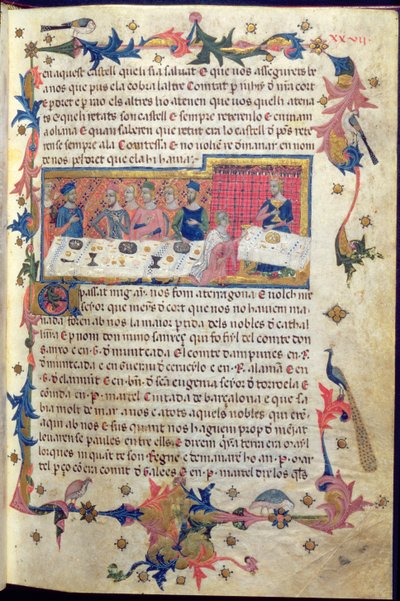 Banquete ofrecido por el padre Martell a Jaime I (1208-76) en Tarragona en 1228 en el que se acordó la conquista de las Islas Baleares, extraído del "Libre dels Feits" (vitela) (véase también 113569) de Spanish School