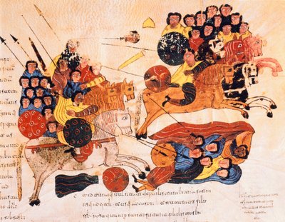 Batalla entre los hebreos y los filisteos, de la Biblia visigoda-mozárabe de San Isidoro, fol.119r., A.D. 960 de Spanish School
