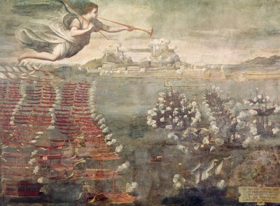 Batalla de Lepanto. Barcos victoriosos entrando en el puerto de Mesina (óleo sobre lienzo) de Spanish School