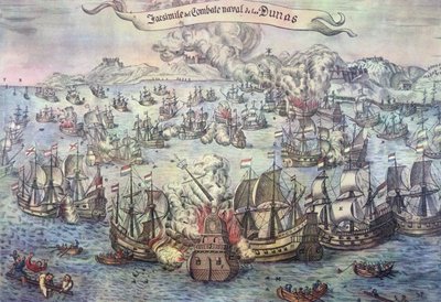 Batalla de los Downs, 21 de octubre de 1639 (grabado en color) de Spanish School