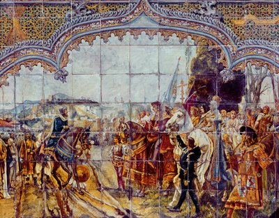 Boabdil entrega las llaves de Granada a los Reyes Católicos en 1492 (cerámica) de Spanish School