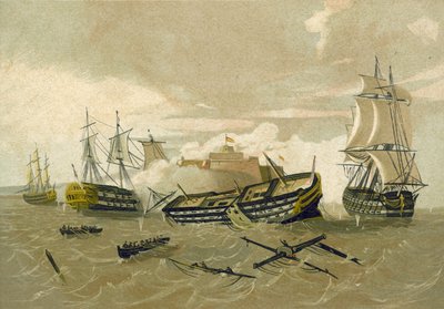 La flota británica atacando el Castillo del Morro, Cuba, 1761 de Spanish School
