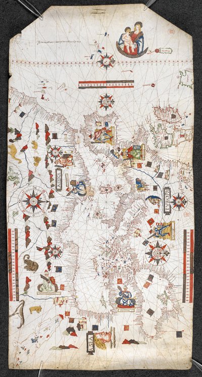 Carta del Mediterráneo y el Mar Negro, y una parte del Atlántico, desde las Islas Británicas por el norte hasta las Canarias por el sur; con las costas; y con los nombres de los principales pueblos en español, Por Jaume Oliues, Mallorqui en Missi de Spanish School