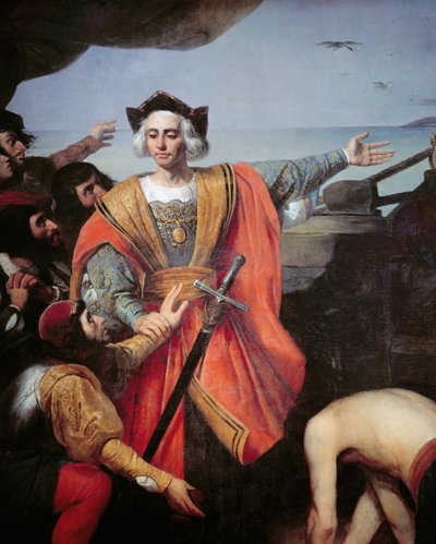 Cristóbal Colón, a bordo de su carabela, señala la isla de Guanahani (San Salvador) el 12 de octubre de 1492, detalle (óleo sobre lienzo) de Spanish School