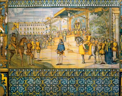 Celebraciones en Valladolid en honor a Felipe II de España en mayo de 1559. Azulejos de la escuela de Talavera en el palacio de la familia Pimentel, Valladolid de Spanish School