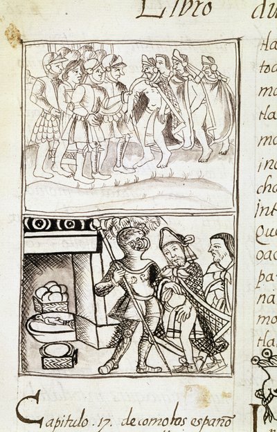 Códice de la conquista de México - miniatura del Manuscrito florentino "Storia degli Aztechi" (Historia de los aztecas) de Bernardino de Sahagún de Spanish School