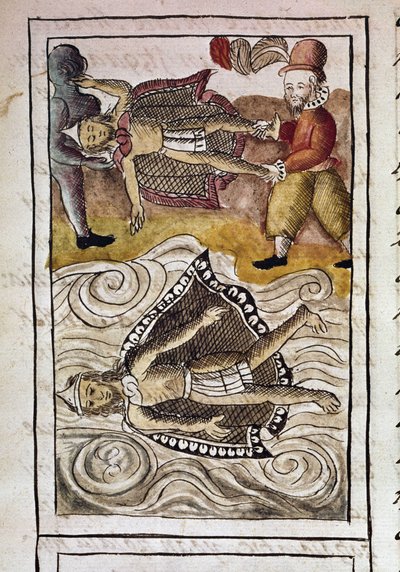 Códice de la conquista de México: Los cadáveres de Itzquauhtzin y Moctezuma, o Moctezuma II emperador azteca (1466-1520), son arrojados del palacio por los españoles. de Spanish School