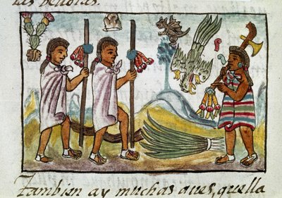 Códice de la conquista de México: mercaderes disfrazados en Tzinacantlan. Miniatura del manuscrito florentino "Storia degli Aztechi" (Historia de los aztecas) de Bernardino de Sahagún. de Spanish School