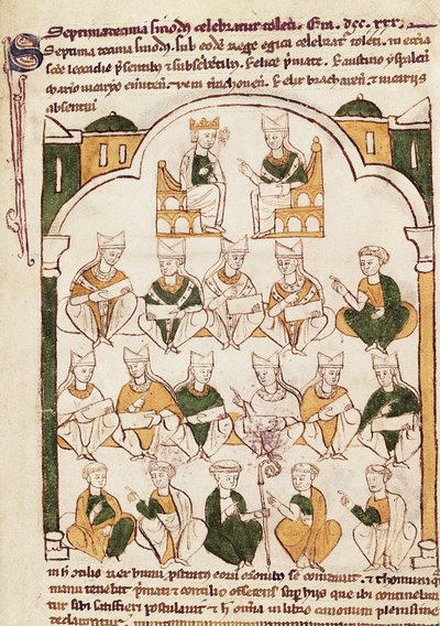 Concilio de Toledo, miniatura en "Primacía de la Iglesia Toledana" de Spanish School