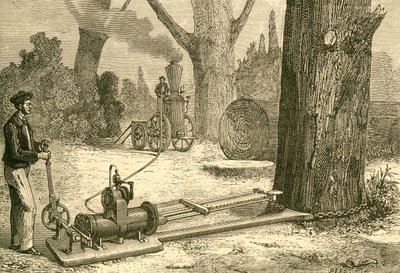 Tala de árboles con máquinas de vapor a finales del siglo XIX. Del Museo Popular publicado en Madrid de Spanish School