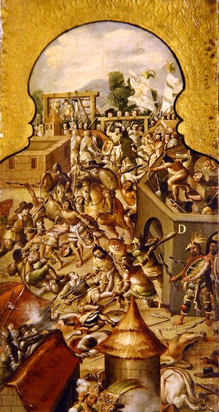 Representación de las atrocidades cometidas durante los combates por la conquista del Templo Mayor y la plaza del Zócalo; de Spanish School