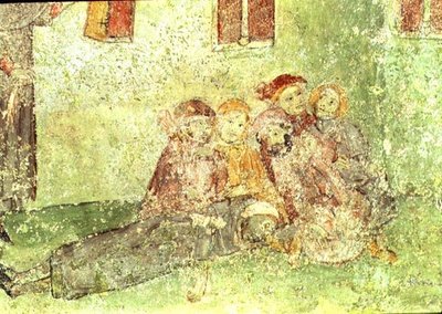 Detalle de Trabajadores construyendo un templo, fresco bajo el coro de la iglesia de Santa María de Lluca (fresco) de Spanish School