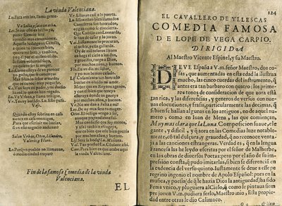 ESPINEL, Vicente (1550-1624). Músico y poeta clásico español; VEGA CARPIO, Félix Lope de (1562-1635). "El cavallero de Yllescas", comedia incluida en "Parte catorze de las comedias de Lope de Vega", recopilación publicada en Madrid por la viuda de Fernán de Spanish School
