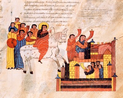 Entrada del rey David en Jerusalén al son de trompetas, de la Biblia visigoda-mozárabe de San Isidoro, fol.135r., A.D. 960 de Spanish School