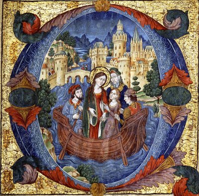 Santa femenina en un bote con una pareja cortesana y dos barqueros, dentro de una gran inicial historiada "O", principios del siglo XX de Spanish School