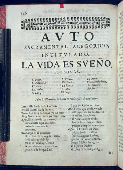 Primera página de La Vida es Sueño de Los Autos Sacramentales de Pedro Calderón de la Barca editado por Juan García Infanzón, 1690 de Spanish School