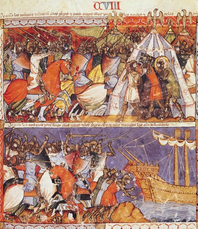 Fol.108r Los troyanos invadiendo el campamento griego y prendiendo fuego a los barcos griegos, del Códice Benito de Santa Mora de Spanish School